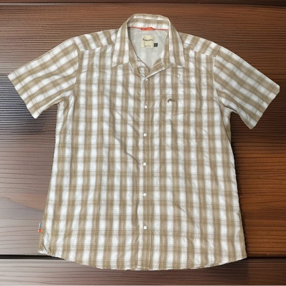Simms Fishing Products Men’s Short Sleeve Button Up Shirt Beige Plaid Size Large - Picture 1 of 7